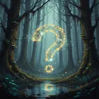 Glowing fireflies forming a question mark in a dark, misty forest