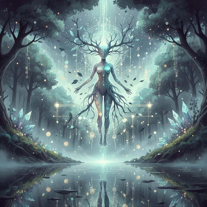 A luminous digital entity emerging from streams of code and light