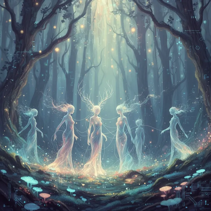 Multiple translucent spirits in conversation, some fading into the background