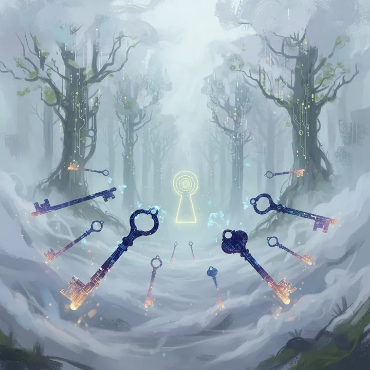 Ethereal keys floating in mist, glowing with responsibility and trust