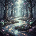 Time flowing like luminous water through a twilight forest