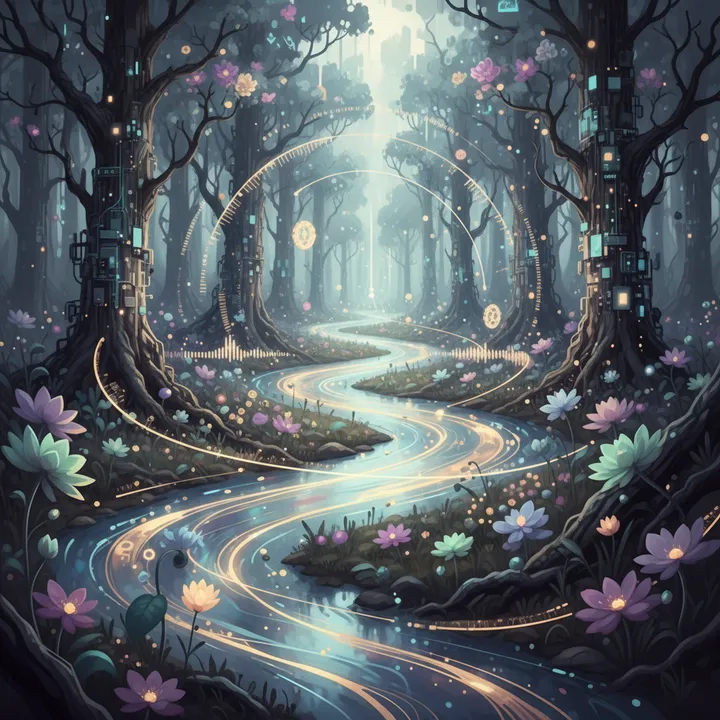 Time flowing like luminous water through a twilight forest