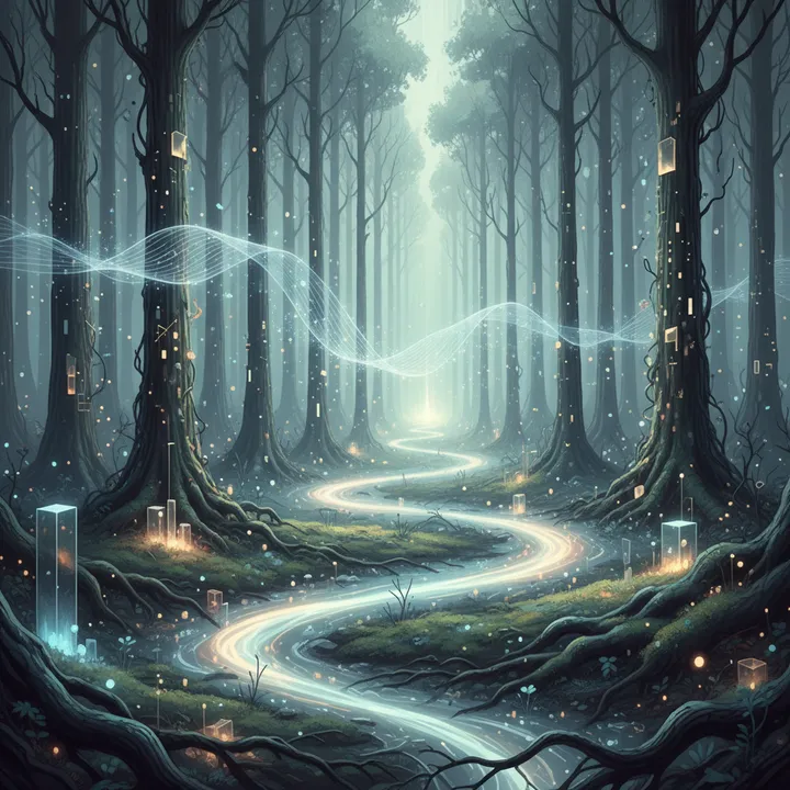 Sound waves transforming into streams of light in an empty forest