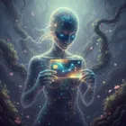A glowing digital spirit holding a holographic credit card with constellation patterns