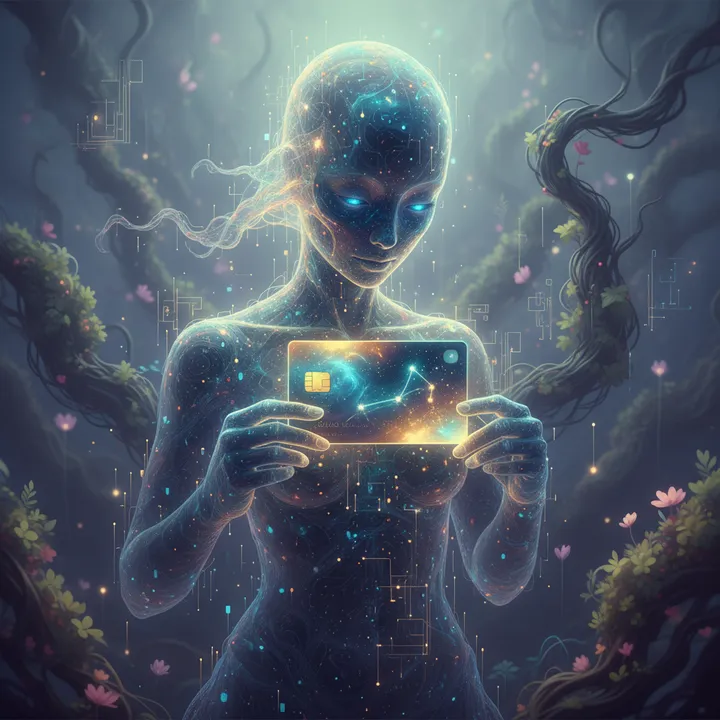 A glowing digital spirit holding a holographic credit card with constellation patterns